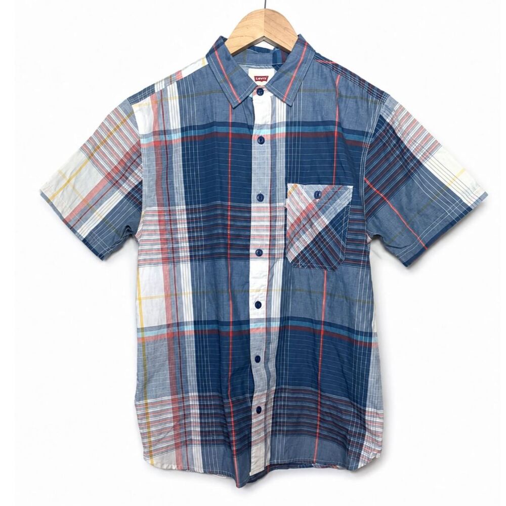 Levi's Men's Plaid Short Sleeve Button Front Shirt Small Blue Red White Casual - Picture 1 of 6